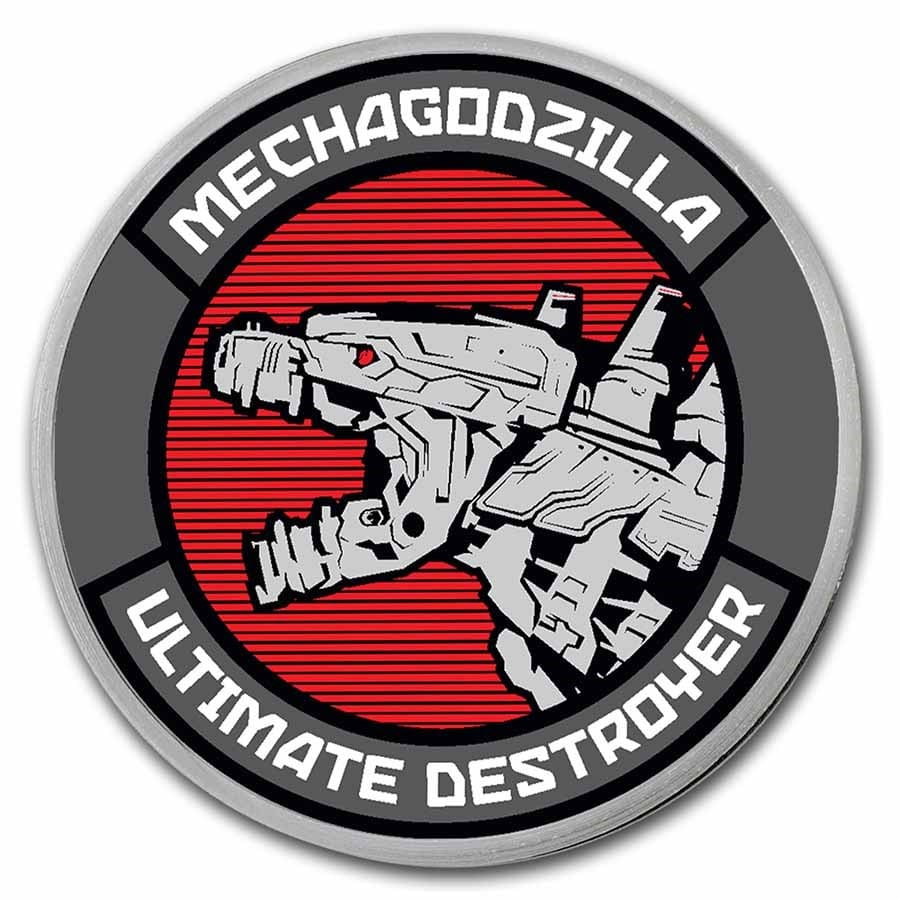 2021 $2 Mechagodzilla Colourised 1oz Silver Coin (TEP) Front of Coin