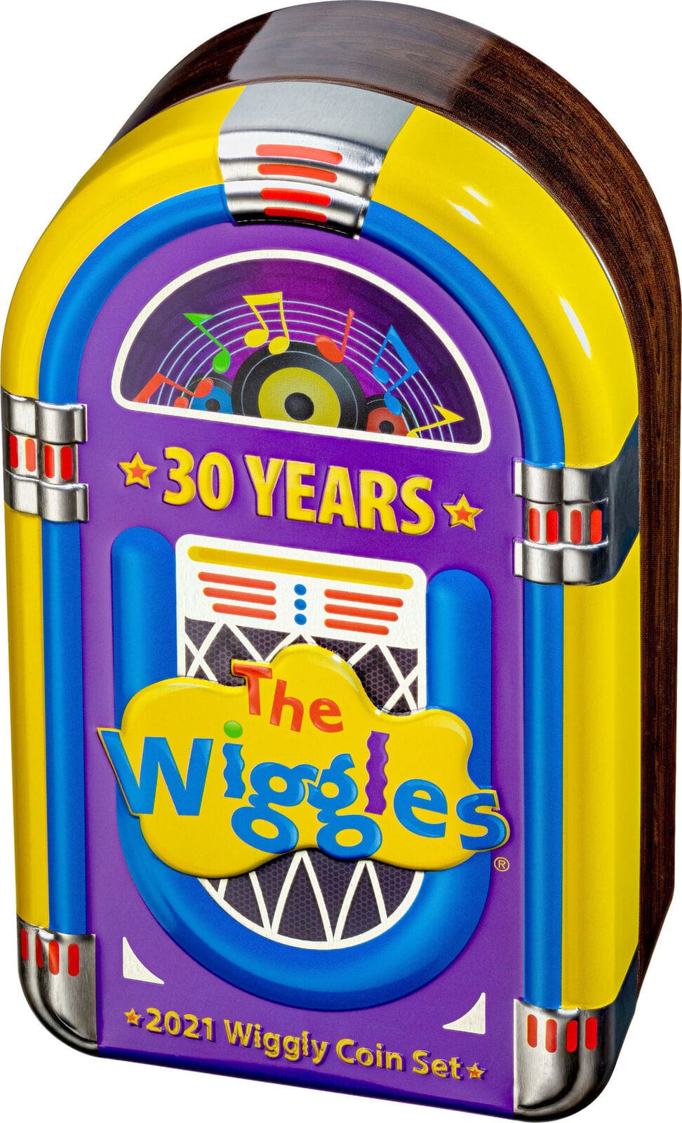 2021 30c 30 Years Of The Wiggles Coloured UNC Two Coin Set - Front of Tin
