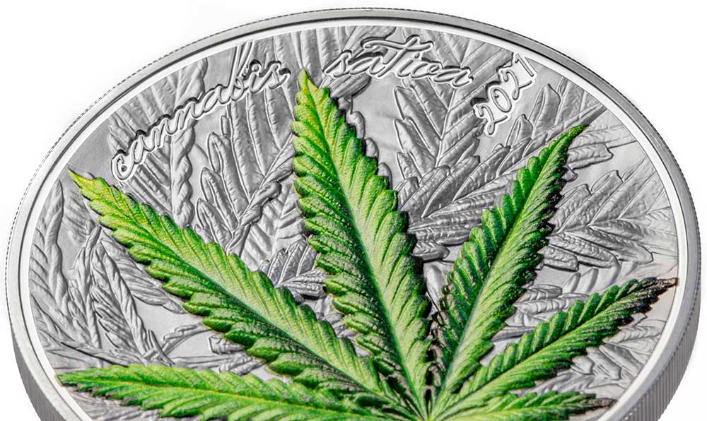 2021 Cannabis Sativa Leaf 1oz Silver Black Proof Coin Closeup Reverse View