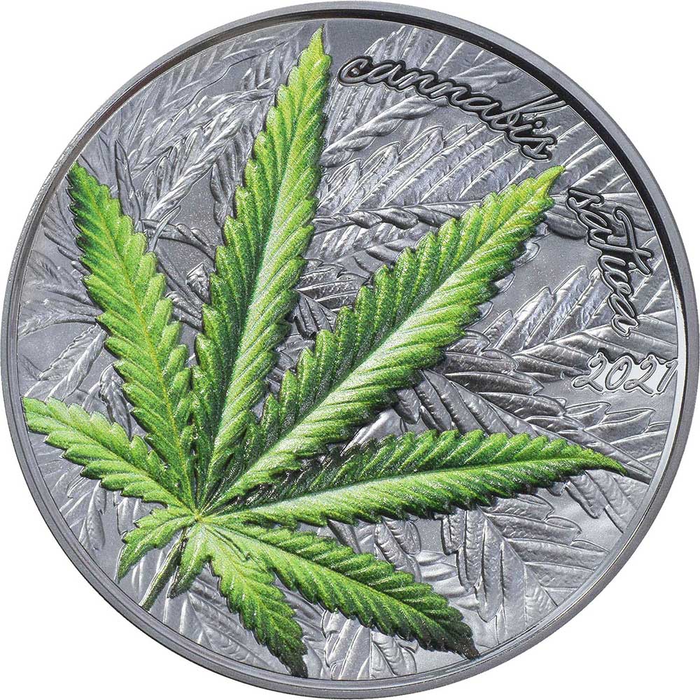 2021 Cannabis Sativa Leaf 1oz Silver Black Proof Coin Reverse View