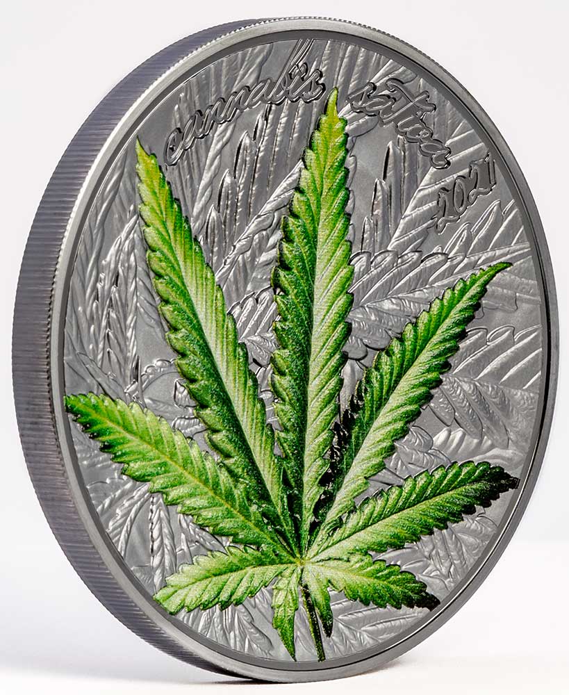 2021 Cannabis Sativa Leaf 1oz Silver Black Proof Coin Side Reverse View