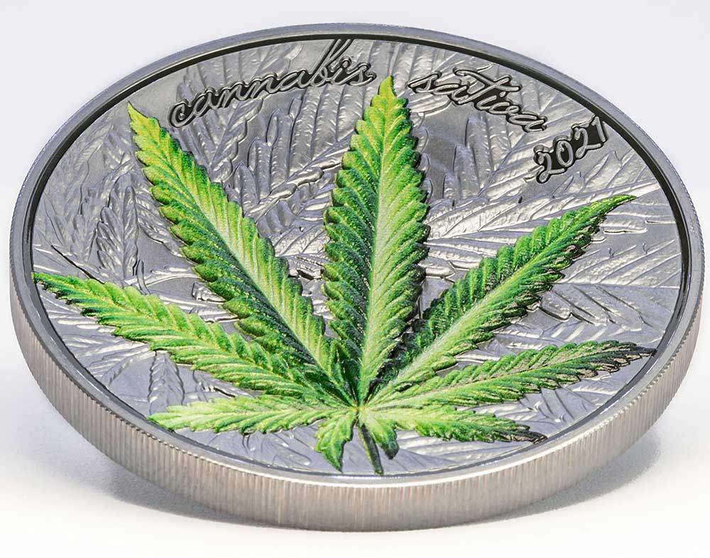 2021 Cannabis Sativa Leaf 1oz Silver Black Proof Coin Tilted Reverse View