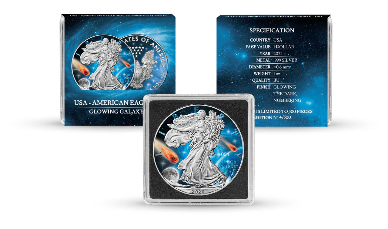 2021 Glowing Galaxy III 1oz American Eagle Coin Overview in Case