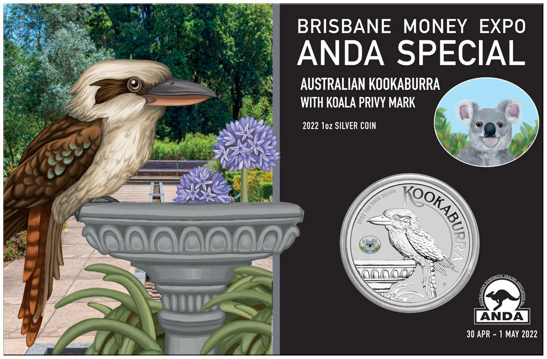 2022 $1 Kookaburra 1oz Silver Brisbane ANDA Money Expo Koala Privy Coin - Front of Card