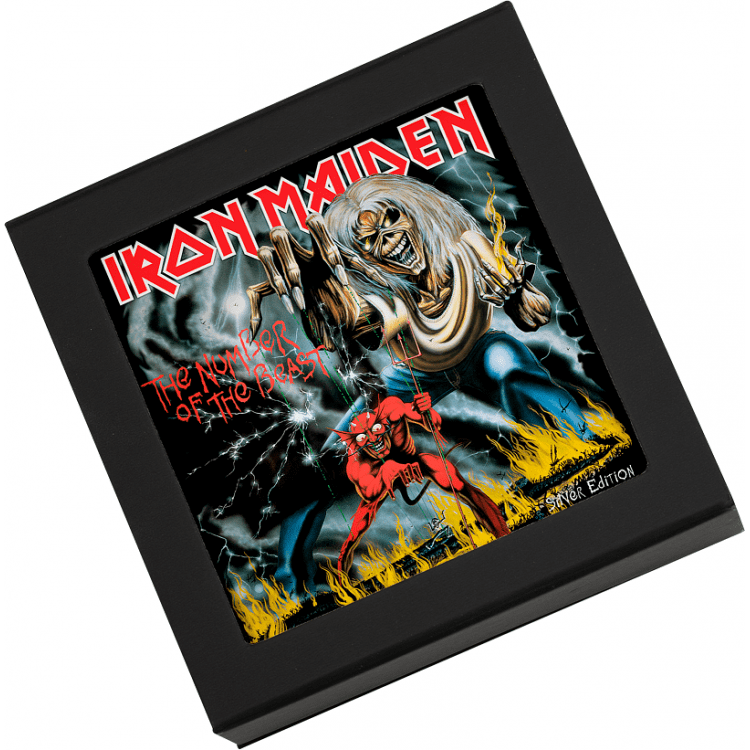 2022 $5 Iron Maiden Number of The Beast 1oz Silver Coin Cased View
