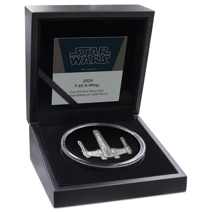 2023 $2 Star Wars T-65 X-wing 3oz Silver Coin Cased View