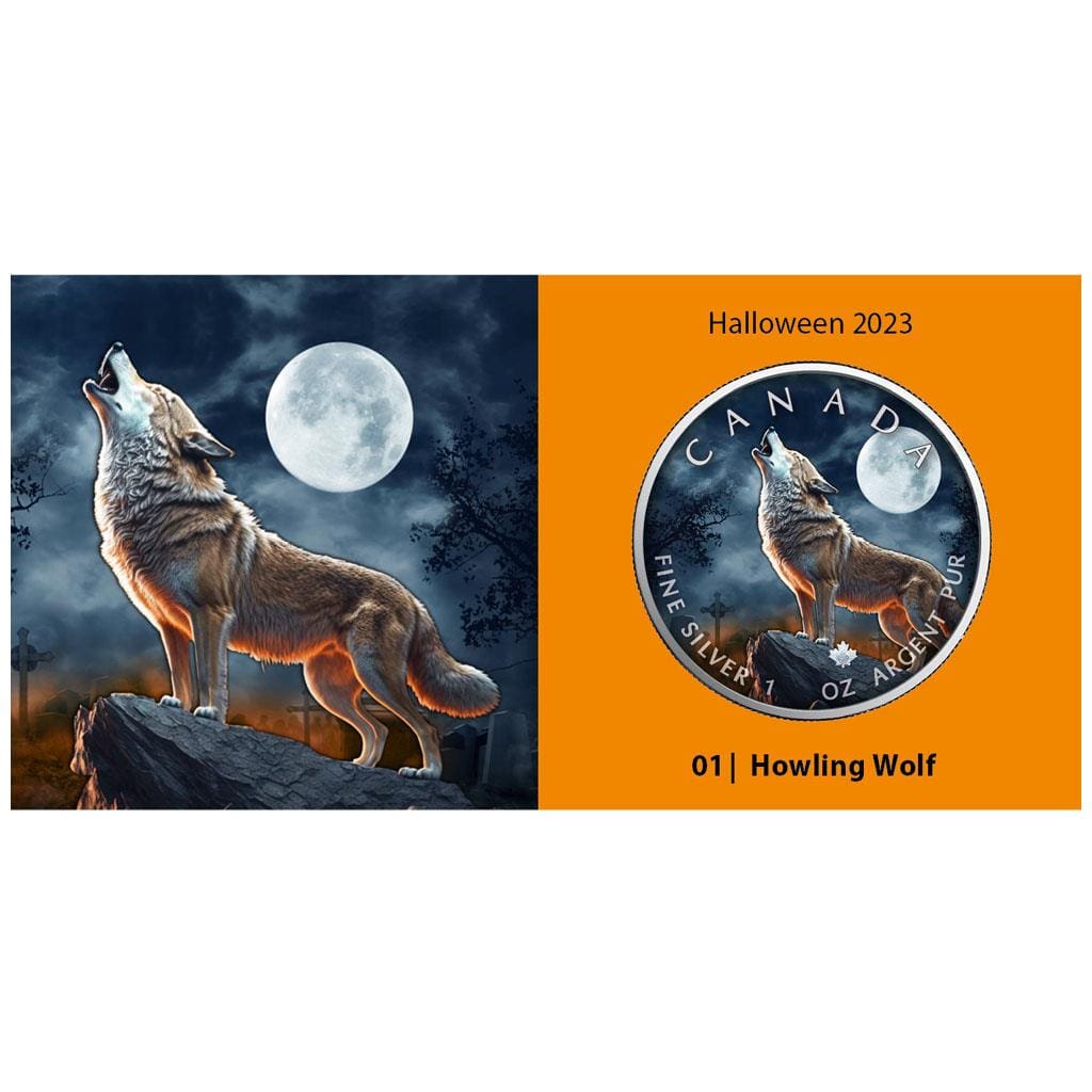 2023 $5 Howling Wolf Halloween Edition 1oz Silver Maple Leaf Coin Front of CoA