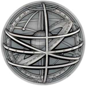 2024 $10 Armillary Sphere 2oz Silver Antiqued Ultra High Relief Coin - Reverse View