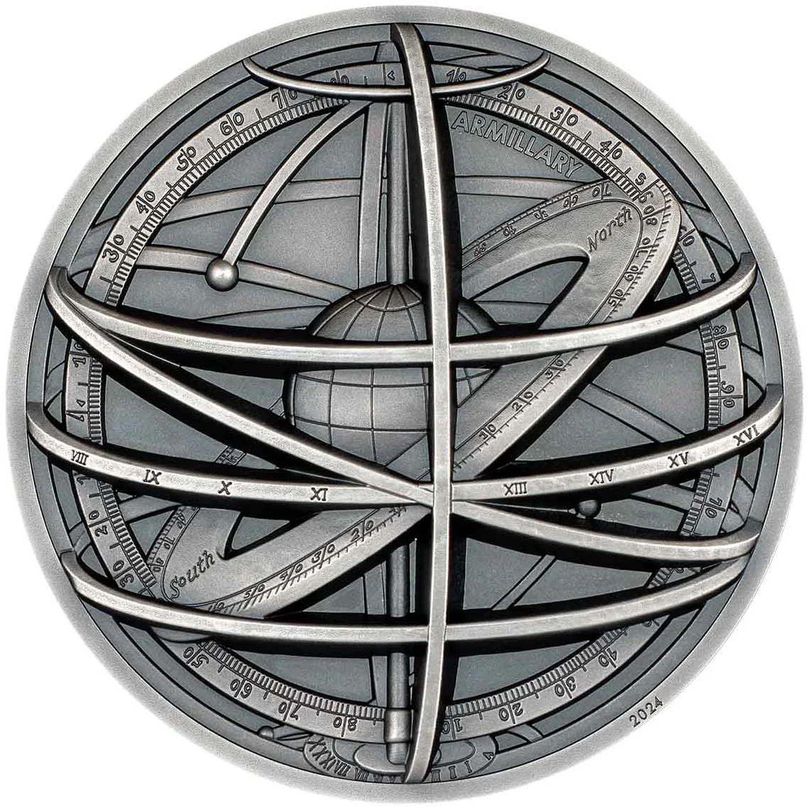 2024 $10 Armillary Sphere 2oz Silver Antiqued Ultra High Relief Coin - Reverse View