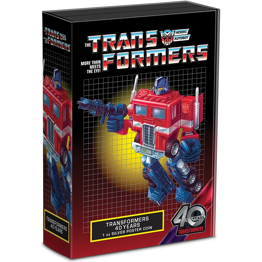 2024 $2 Transformers 40th Anniversary 1oz Silver Poster Coin Boxed View