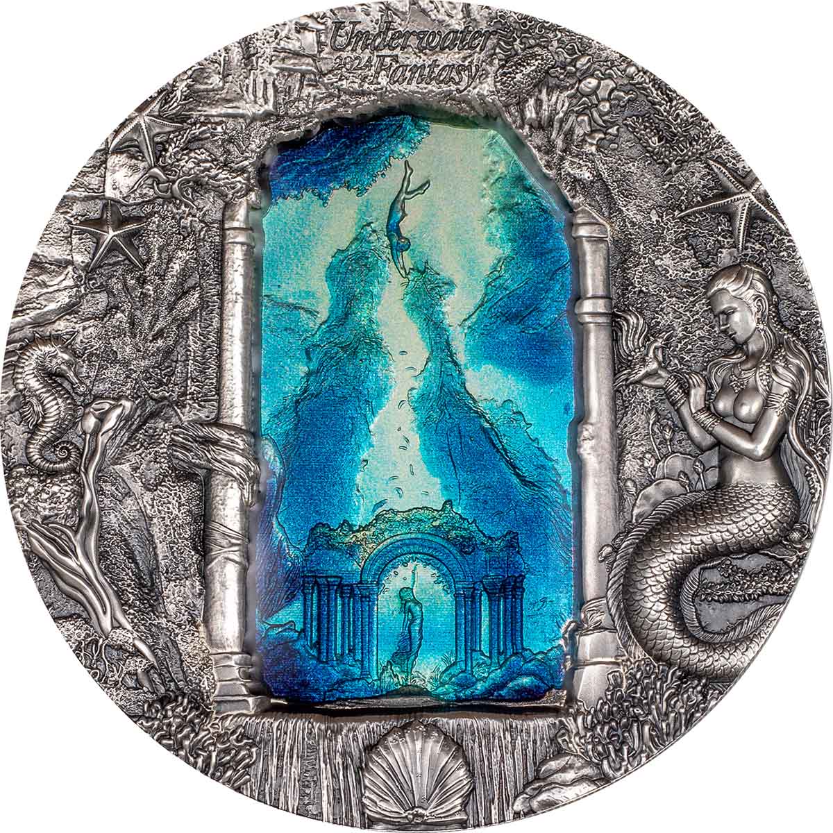 2024 $20 Mermaids 3oz Silver Ultra High Relief Antiqued Coin - Reverse View