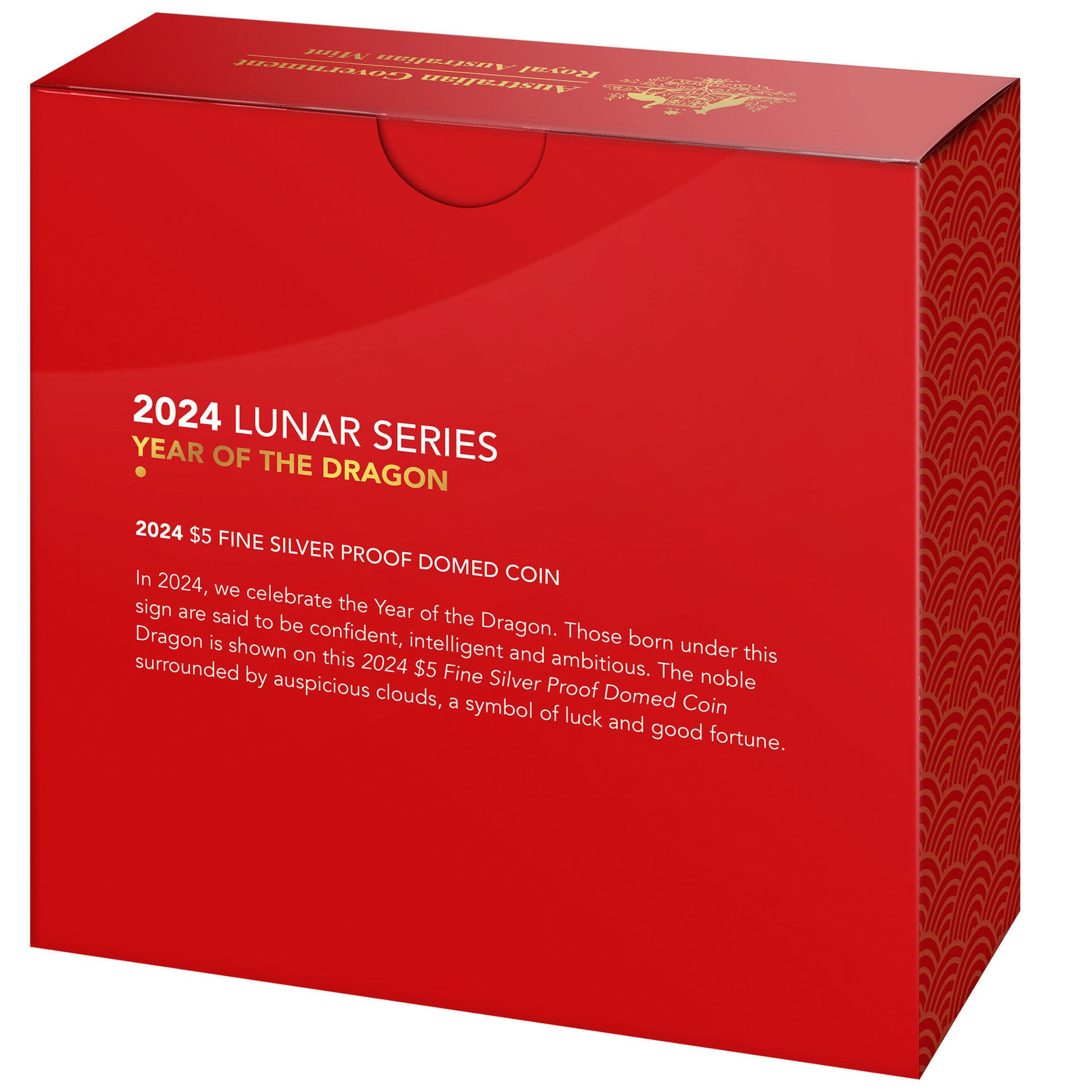 2024 $5 Lunar Series Year Of The Dragon 1oz Proof Coin Back of Box