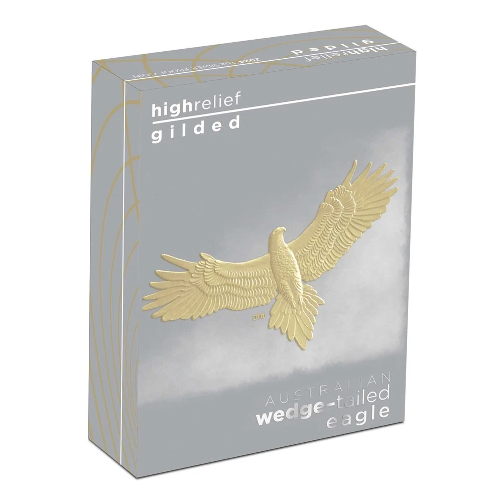 2024 Australian Wedge-tailed Eagle 10th Anniversary 1oz Silver Proof High Relief Gilded Coin Boxed View