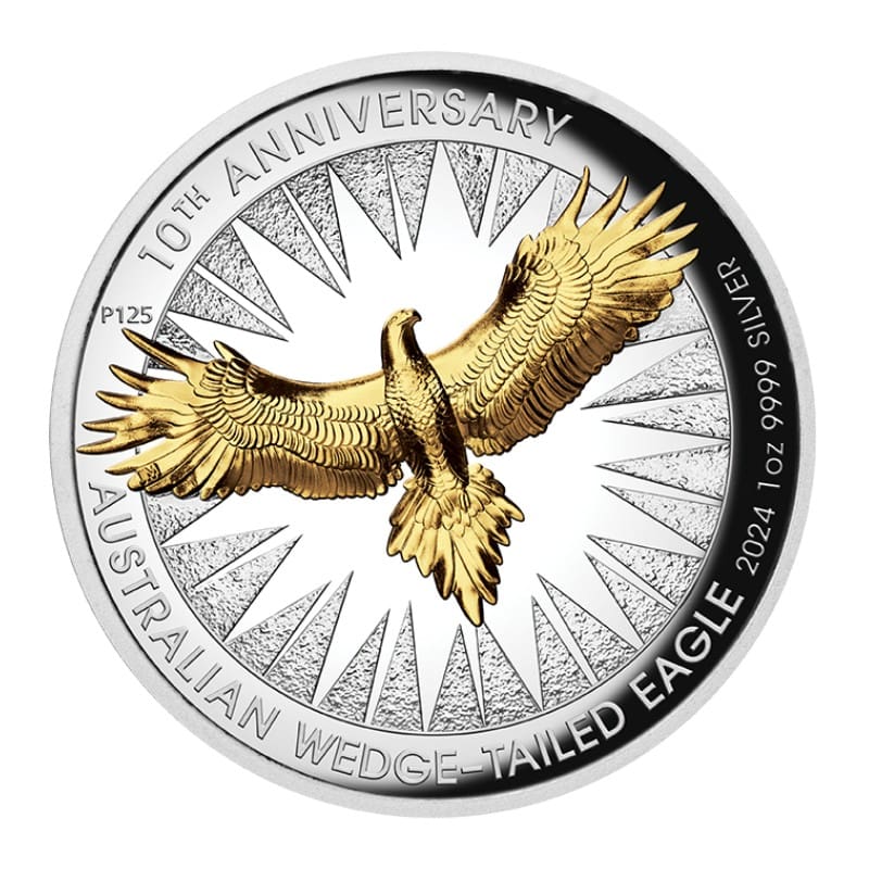 2024 Australian Wedge-tailed Eagle 10th Anniversary 1oz Silver Proof High Relief Gilded Coin Reverse View