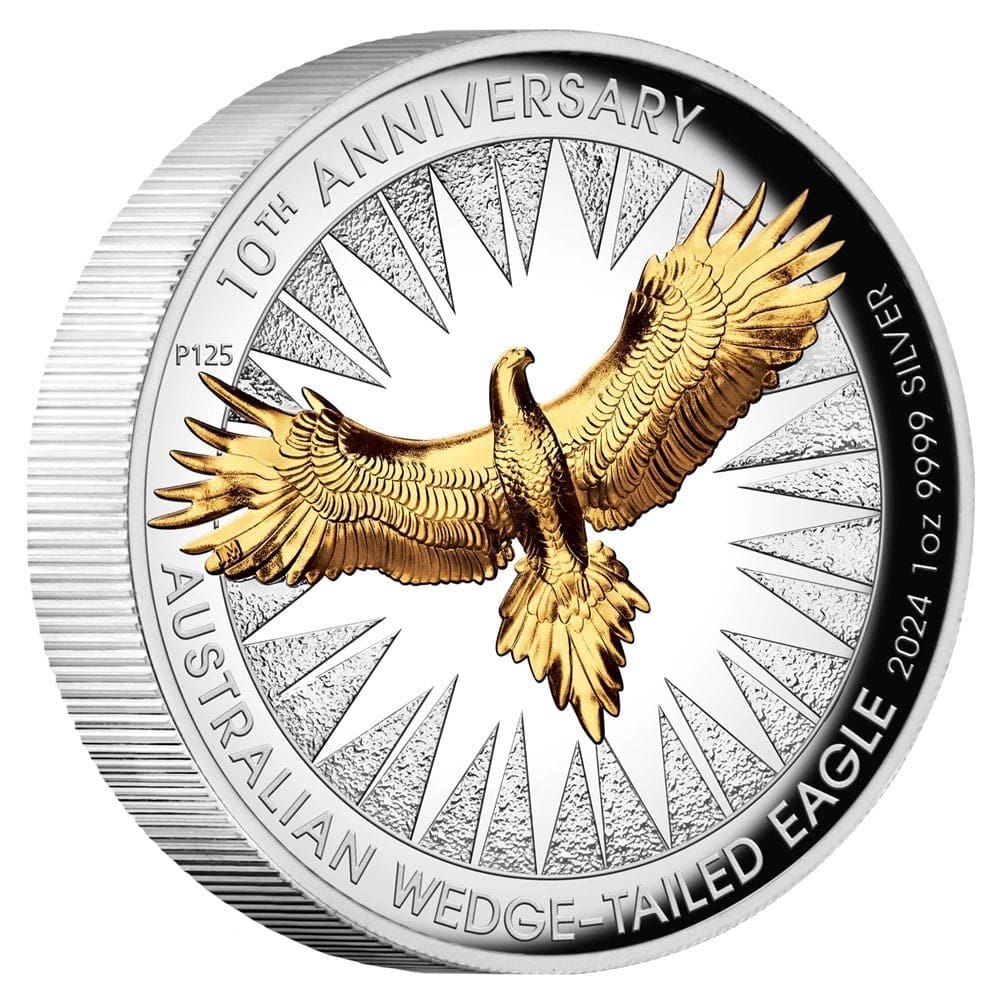 2024 Australian Wedge-tailed Eagle 10th Anniversary 1oz Silver Proof High Relief Gilded Coin Tilted Reverse View