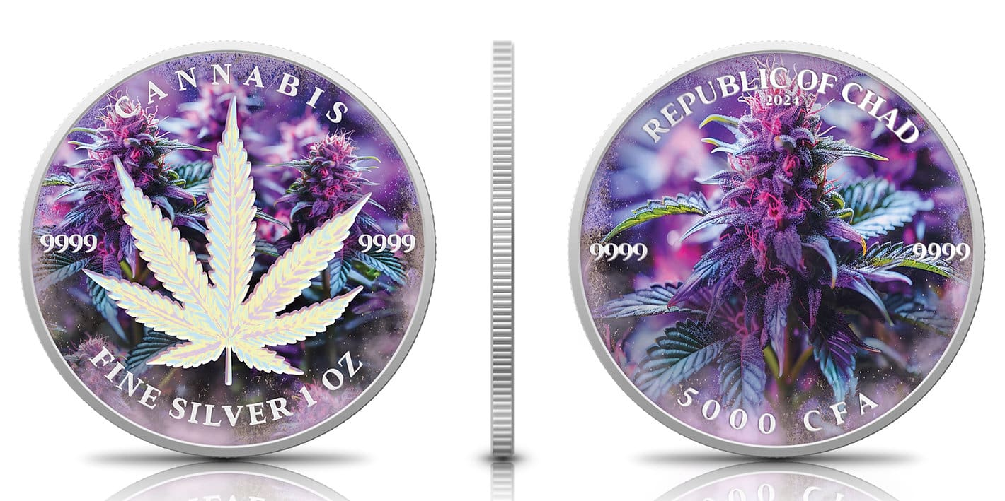 2024 Cannabis - Purple Haze Edition 1oz Silver Coin Reverse View and Obverse View