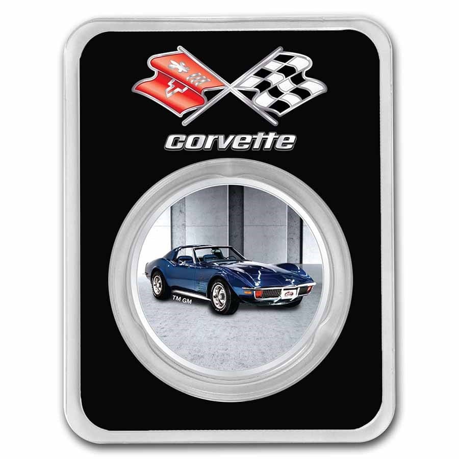 Corvette (1972) Blue Stingray 1oz Colourised Silver Coin (TEP) Front of Case