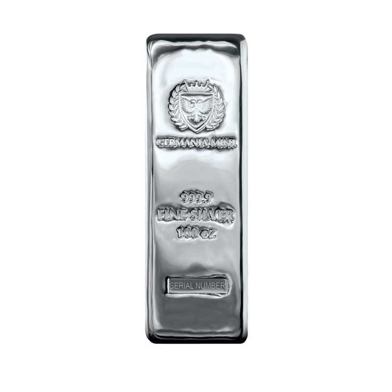 Germania Mint 100oz Silver Bullion Cast Bar - Front of Bar