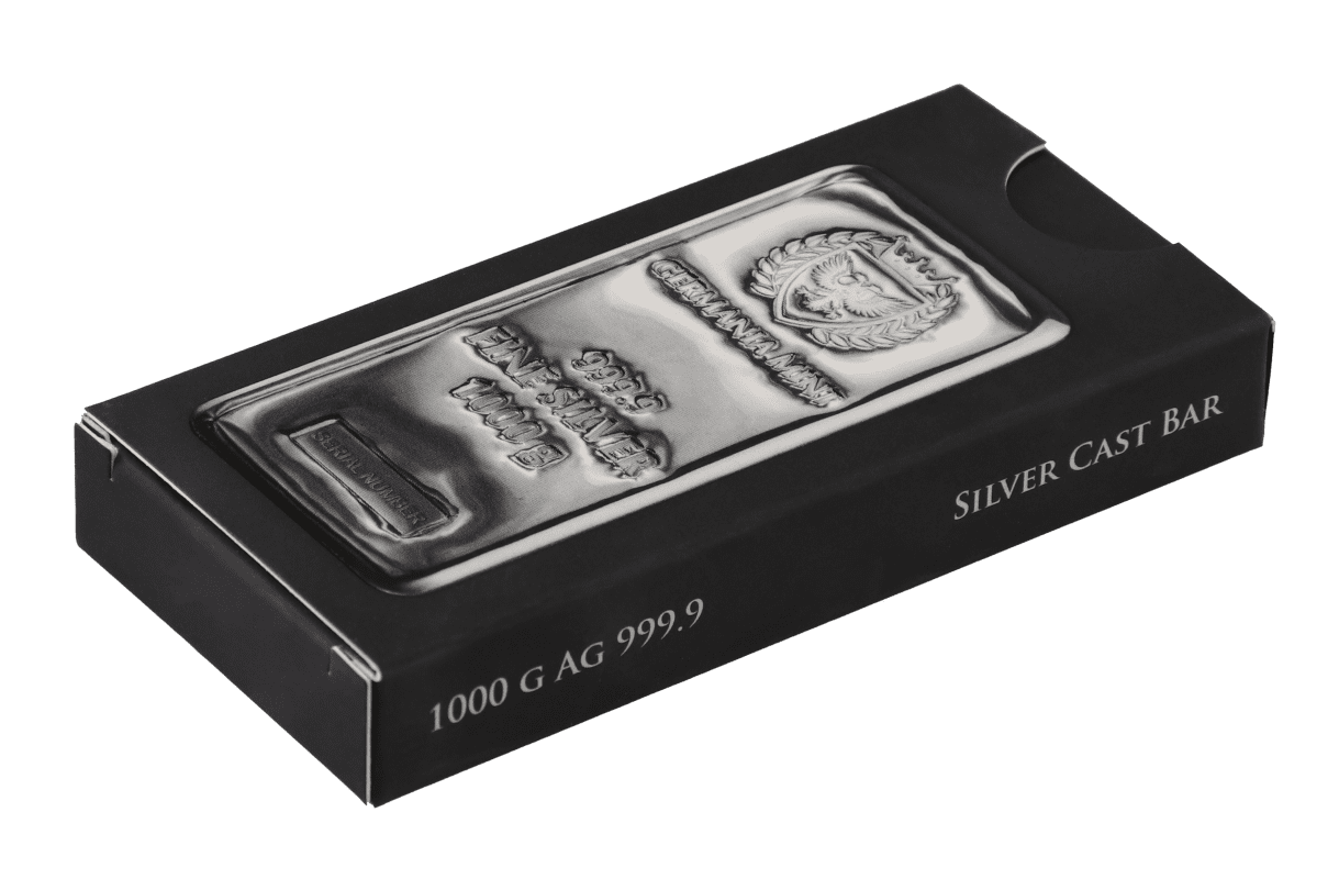 Germania Mint 1kg Silver Bullion Cast Bar - Front of Box