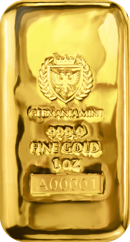Germania Mint 1oz Gold Cast Bar Front of Bar