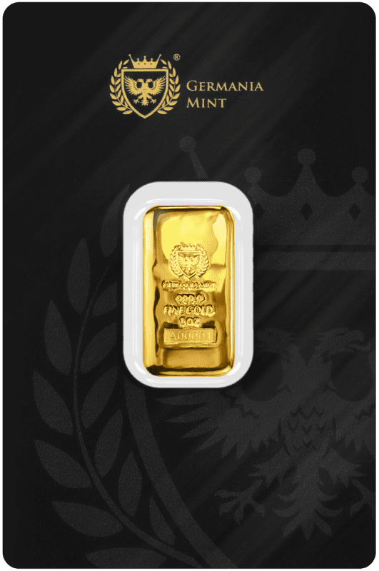 Germania Mint 1oz Gold Cast Bar Front of Packaging