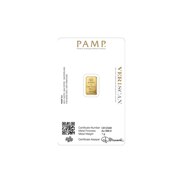 PAMP 1g Suisse Lady Fortuna Gold Bar - Back of Card