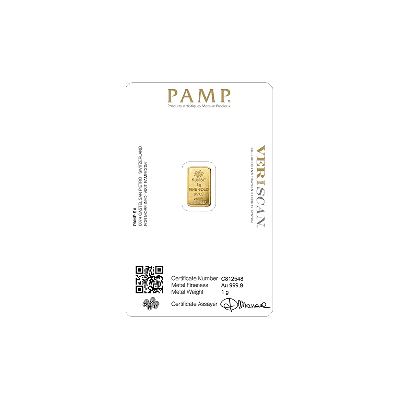 PAMP 1g Suisse Lady Fortuna Gold Bar - Back of Card