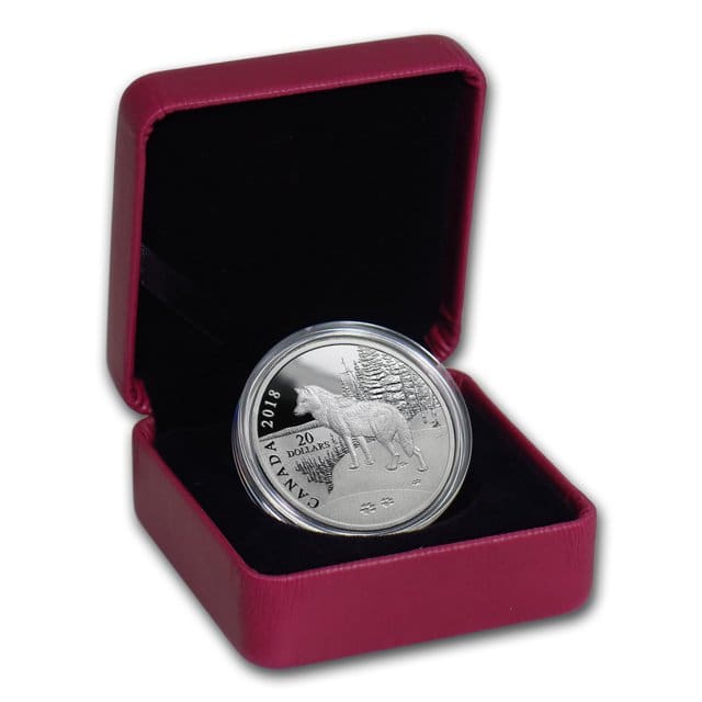 2018 $20 Nature Impressions Wolf 1oz Silver Proof Coin - Box Open View