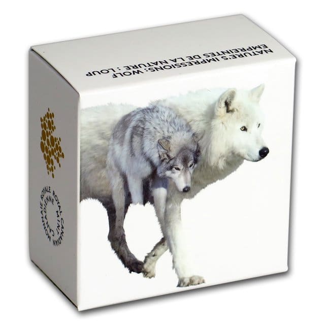 2018 $20 Nature Impressions Wolf 1oz Silver Proof Coin Boxed View