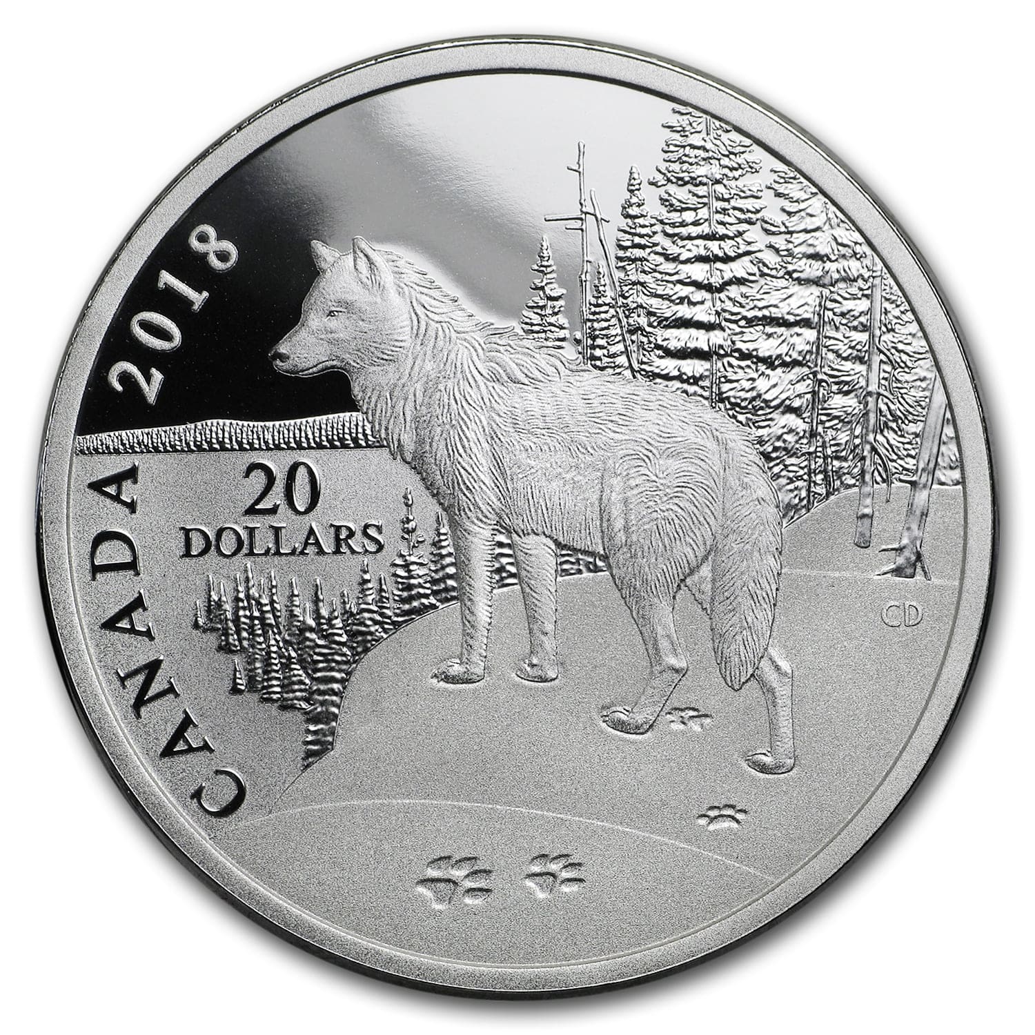 2018 $20 Nature Impressions Wolf 1oz Silver Proof Coin Reverse View