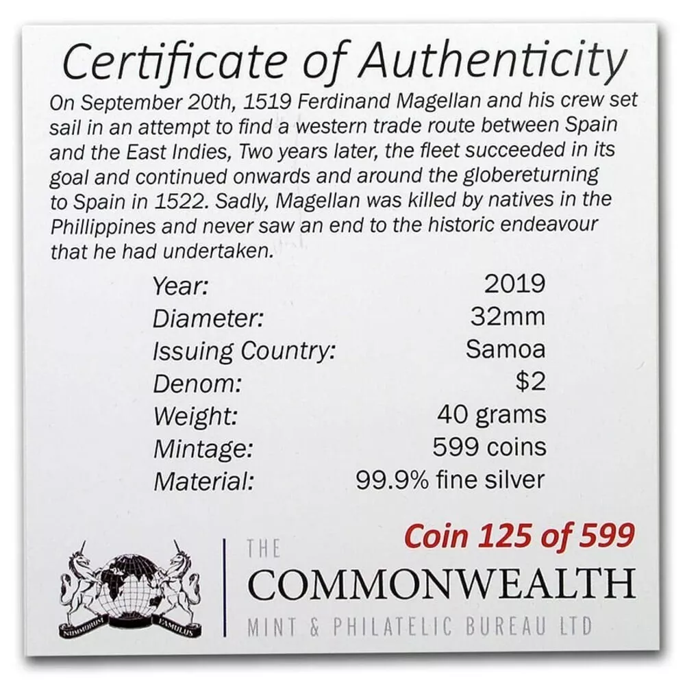 2019 $2 First Circumnavigation Of The Earth - 500th Anniversary Silver Coin - CoA