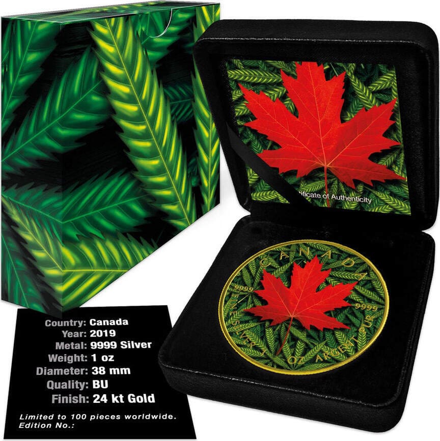 2019 $5 Cannabis Maple Leaf 1oz Silver Gilded Coin - Cased View