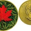2019 $5 Cannabis Maple Leaf 1oz Silver Gilded Coin - Reverse View and Obverse View