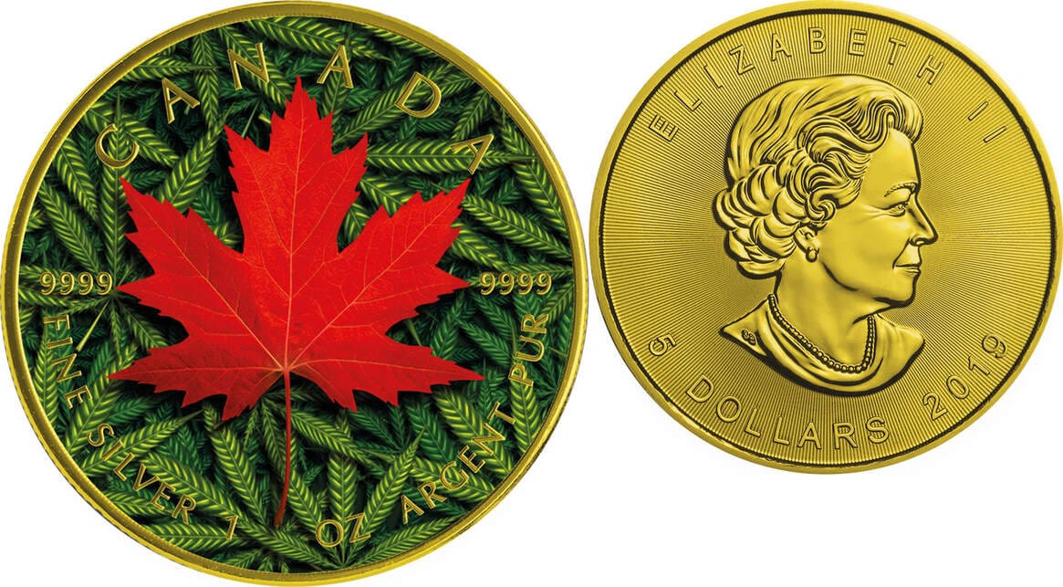 2019 $5 Cannabis Maple Leaf 1oz Silver Gilded Coin - Reverse View and Obverse View