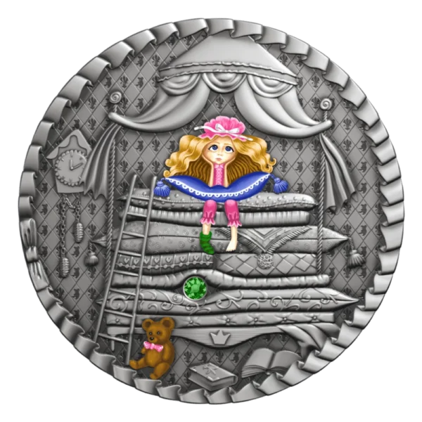 2021 $1 Princess and the Pea Box 1oz Silver Antiqued Coin - Reverse View