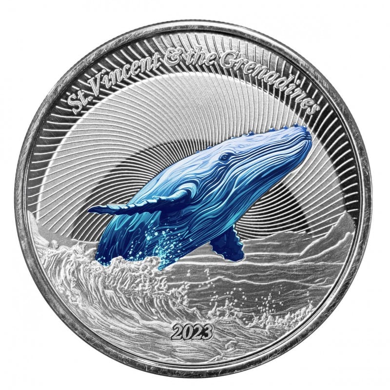 2023 $2 Humpback Whale 1oz Silver Coloured Proof Coin - Reverse View