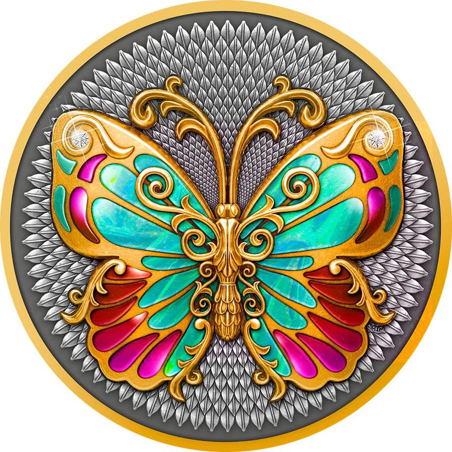 2023 $5 Butterfly 2oz Silver Gilded Diamond Inset Coin - Reverse View