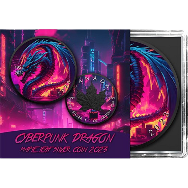 2023 $5 Cyberpunk Dragon 1oz Silver Maple Leaf Coin - Front of Box