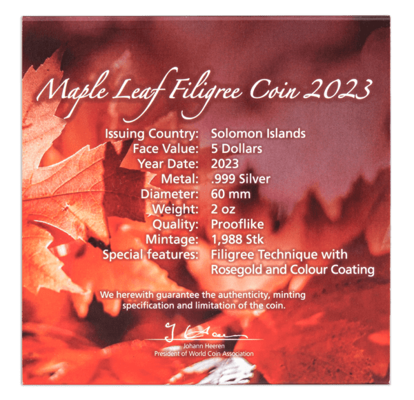 2023 $5 Filigree Maple Leaf 2oz Silver Coin - Back of Box