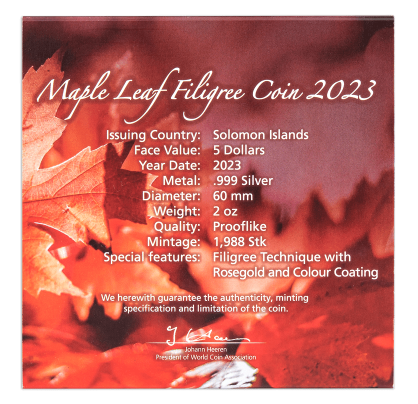 2023 $5 Filigree Maple Leaf 2oz Silver Coin - Back of Box
