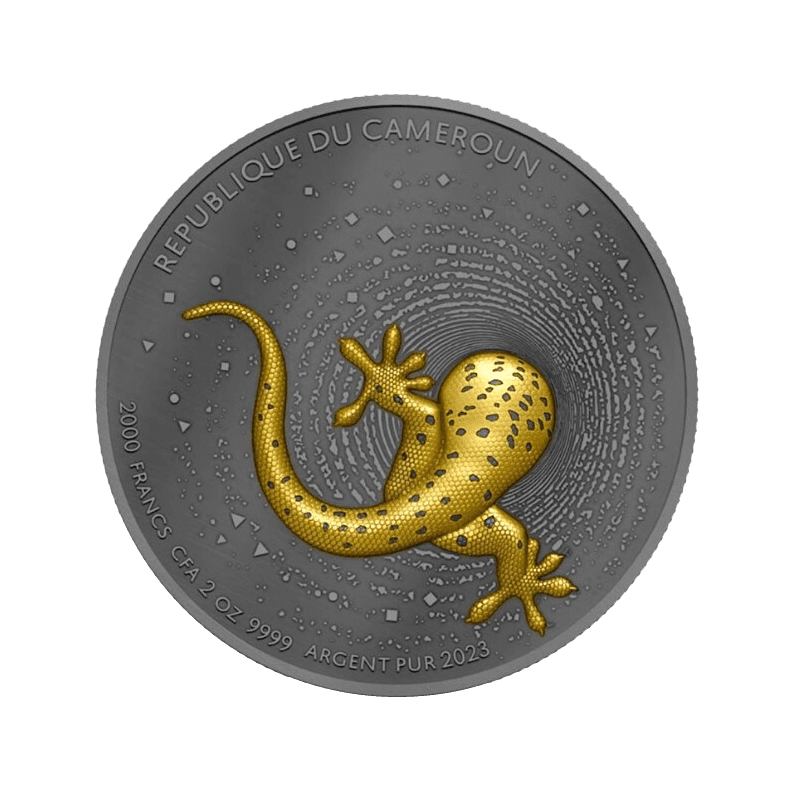 2023 Gecko 2oz Silver Gilded Dark Ultra High Relief Coin - Obverse View