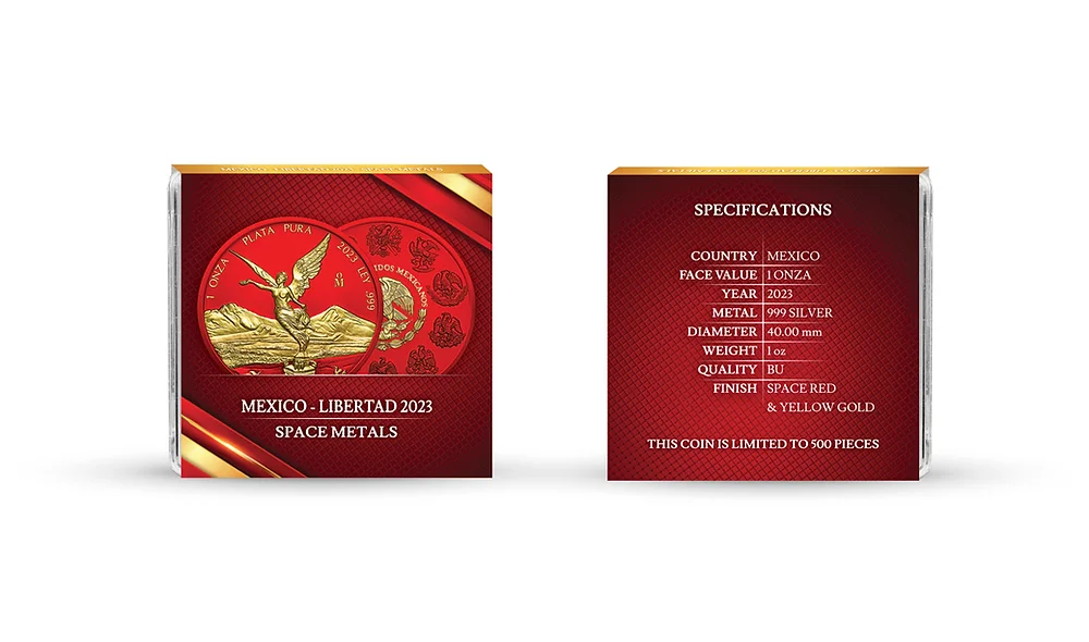2023 Space Metals Red & Gold Libertad 1oz Silver Coin - Front and Back of Case