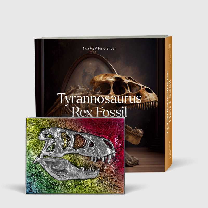 2023 Tyrannosaurus Rex Fossil 1oz Silver 14oz Copper Metallic Coin - Boxed View