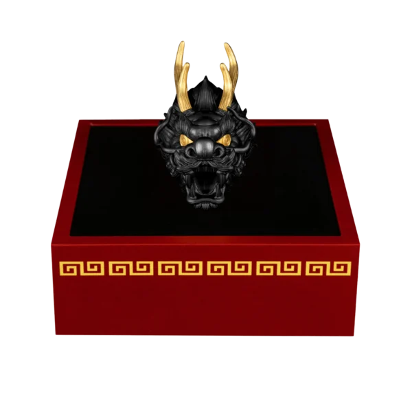 2024 $5 Dragon Head 3oz Silver 3D Black Ruthenium & Gilded Coin - Box Open Front View