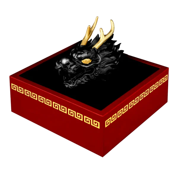 2024 $5 Dragon Head 3oz Silver 3D Black Ruthenium & Gilded Coin - Box Open Side View 1