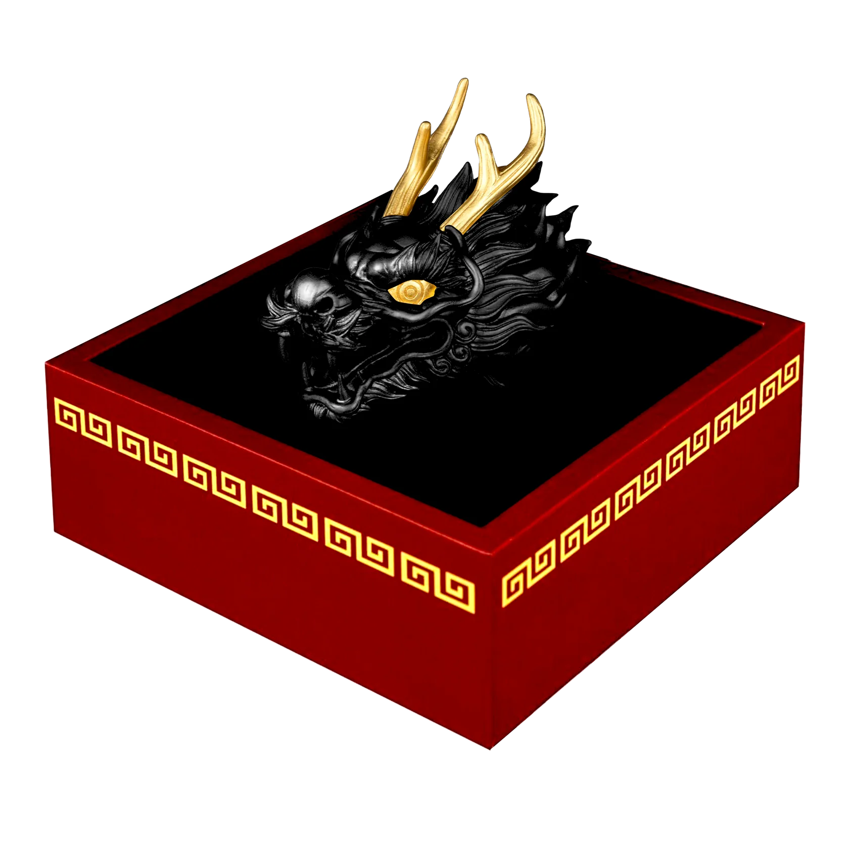 2024 $5 Dragon Head 3oz Silver 3D Black Ruthenium & Gilded Coin - Box Open Side View 1