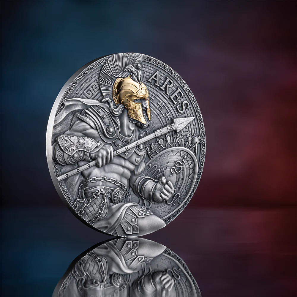 2024 Ares - Great Greek Mythology 2oz Antiqued & Gilded Silver Coin - Closeup Reverse View