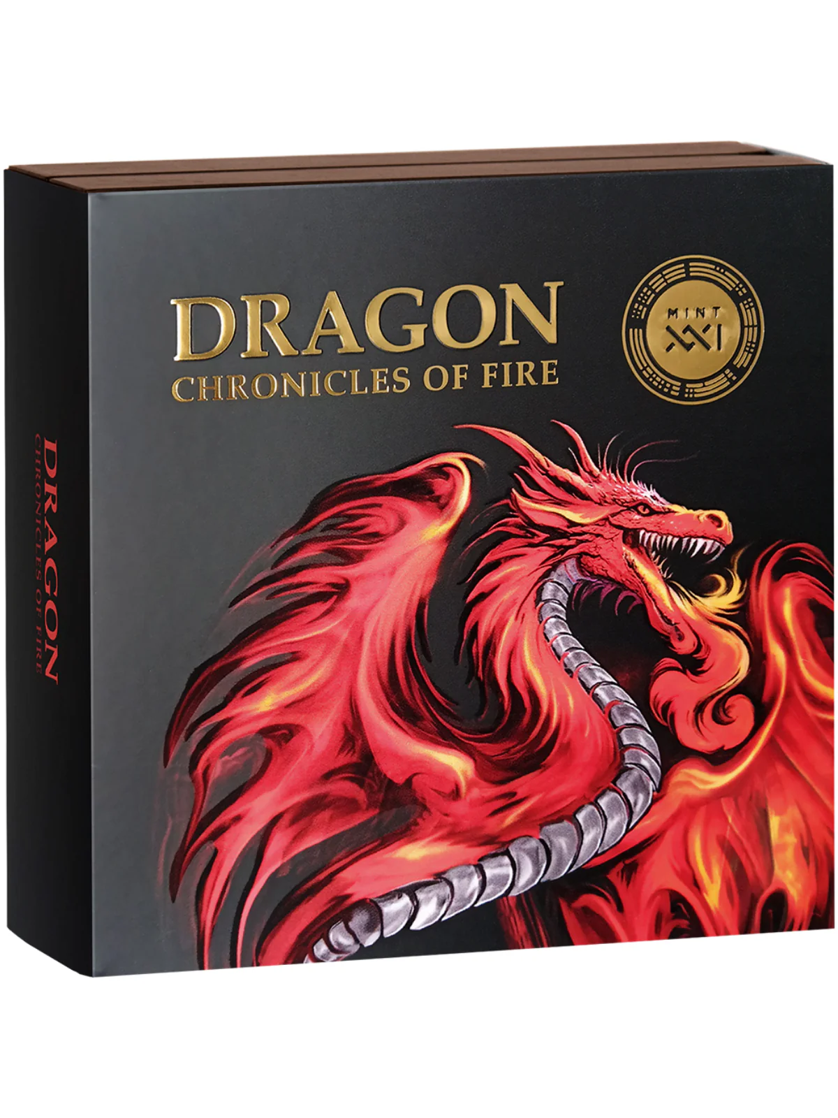2024 Dragon Chronicles of Fire 2oz Silver Obsidian Inset Coin - Boxed View