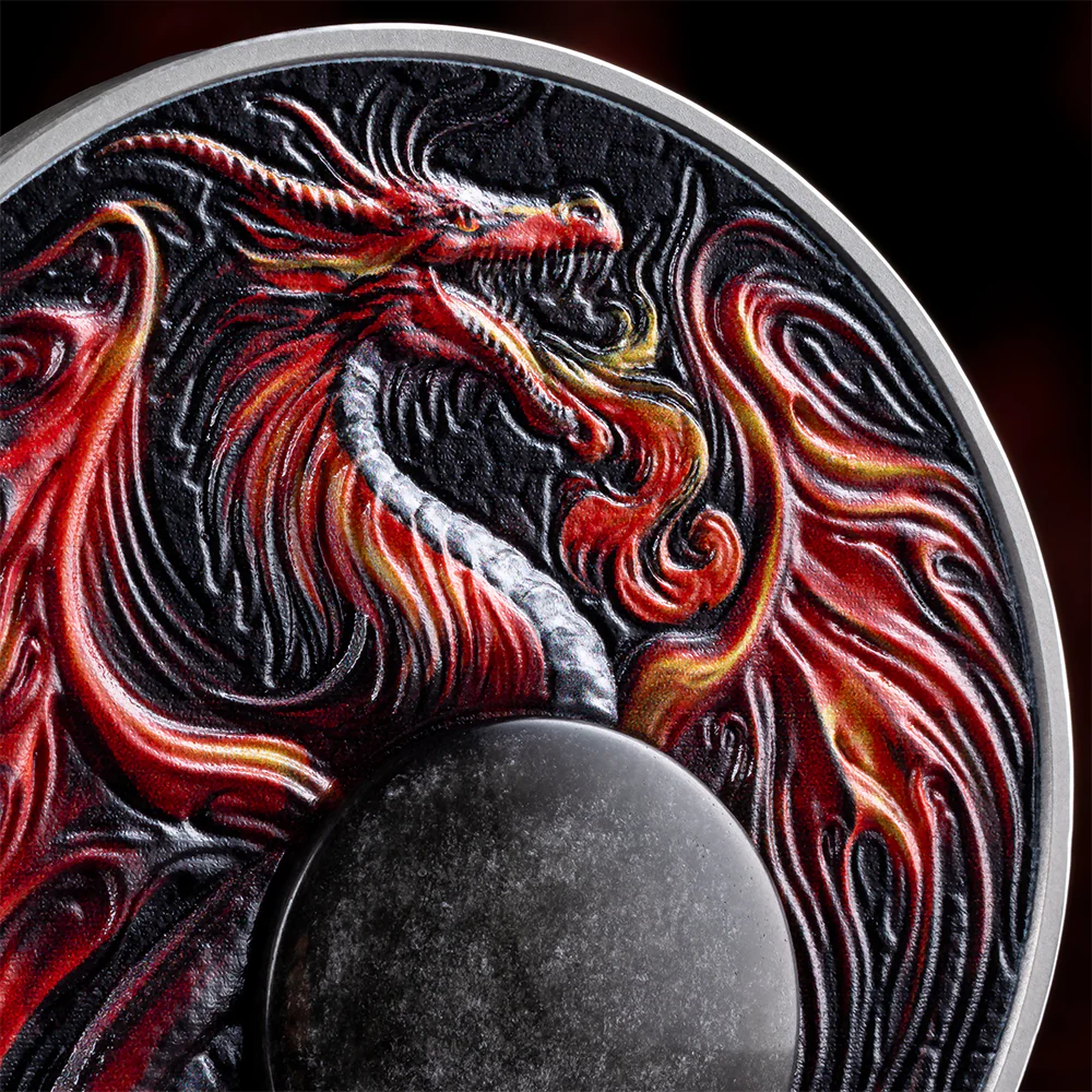 2024 Dragon Chronicles of Fire 2oz Silver Obsidian Inset Coin - Closeup Reverse View