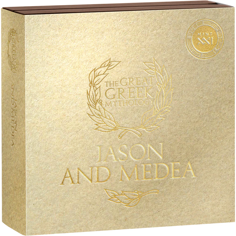 2024 Jason And Medea 2oz Silver Antiqued & Gilded Coin - Boxed View